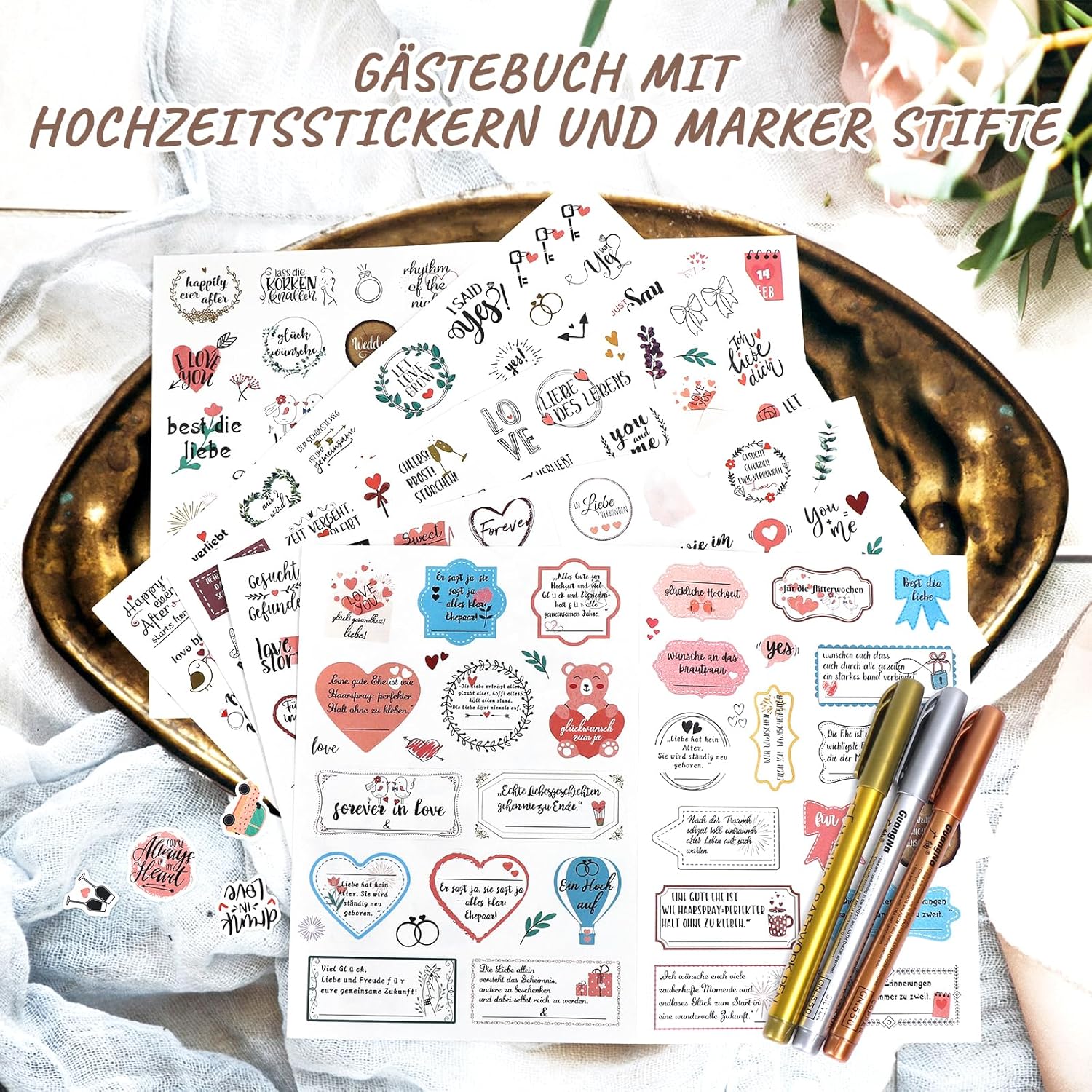 Hochzeitsgästebuch mit Aufkleber und Stifte